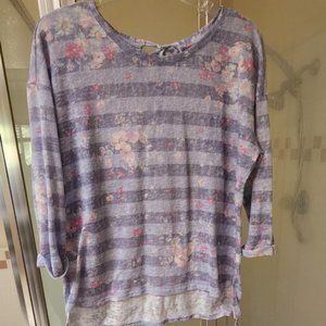 LAUREN CONRAD STRIPED FLORAL HIGH-LOW SLUB KNIT TOP SIZE L